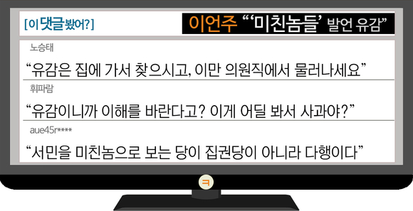 [이댓글봤어?] 이언주“‘미친놈들’ 발언 유감”…네티즌 “유감은 집에서 찾길”