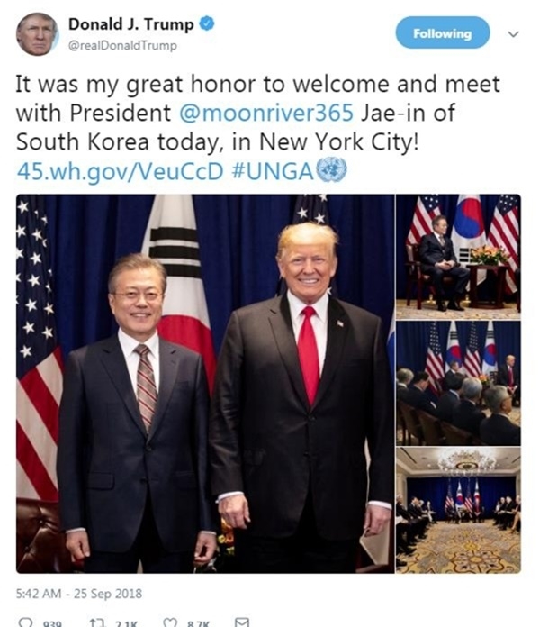 트럼프 “文대통령 뉴욕서 만나 영광”…북미정상회담 개최 논의