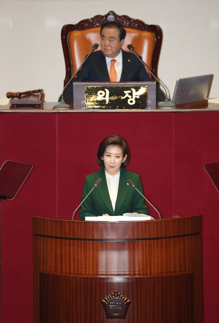 연설하는 나경원 자유한국당 원내대표