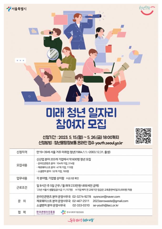 서울시. 소셜벤처 등 미래청년일자리 참여자 모집...월 최대 233만원 임금 지원 