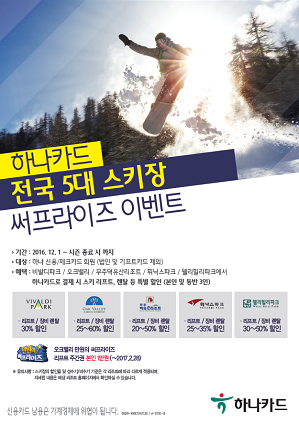 하나카드가 스키시즌을 맞아 전국 5대스키장서 할인이벤트를 시작한다고 23일 밝혔다.<이미지=하나카드 제공>