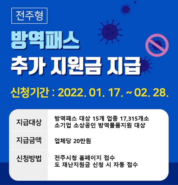 ‘전주형 방역지원금’ 방역패스 적용 업소에 20만원 지급