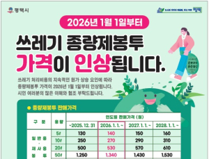 평택시, 내년부터 쓰레기 종량제봉투 가격 단계적 인상