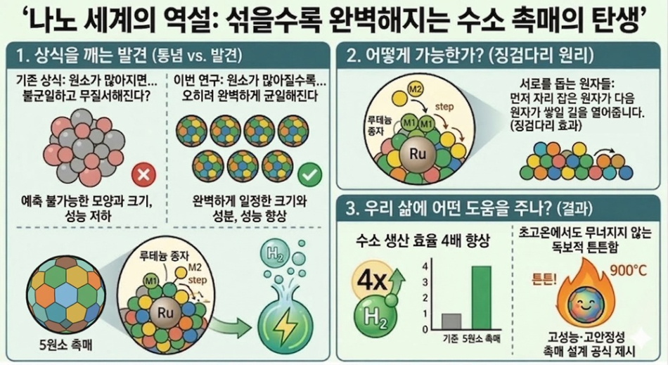 쟁적 반응성을 이용한 다성분 나노입자 형성과 수소 촉매 응용 개념도. KAIST