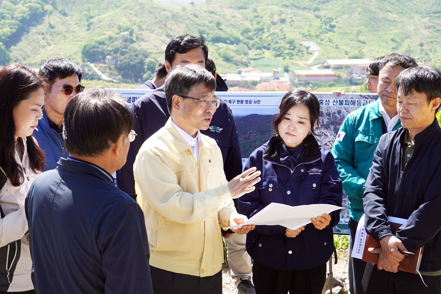 8일 충남 홍성군 서부면 판교리 대형산불 피해지역 조림복원 현장을 점검하는 박은식 산림청장(가운데). 산림청