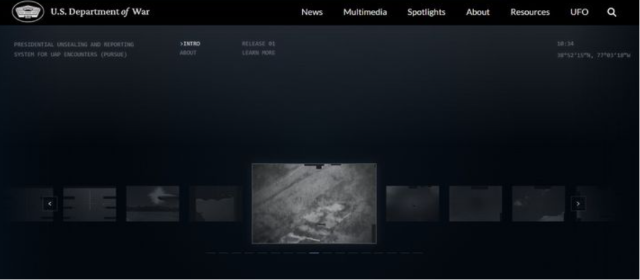 미국 국방부가 8일(현지 시간) UFO 등 미확인 이상 현상(UAP)과 관련한 정부 자료들을 홈페이지에 공개한다고 발표했다. 국방부 UAP 홈페이지 캡쳐.