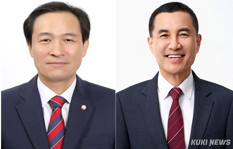 우상호 강원도지사 예비후보와 김진태 강원도지사 예비후보. (사진=한재영)