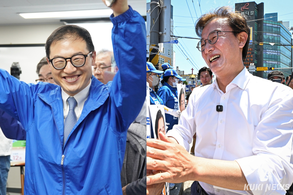 더불어민주당 김상욱 울산시장 후보(왼쪽)와 전재수 부산시장 후보. 김상욱 캠프·남동균 기자